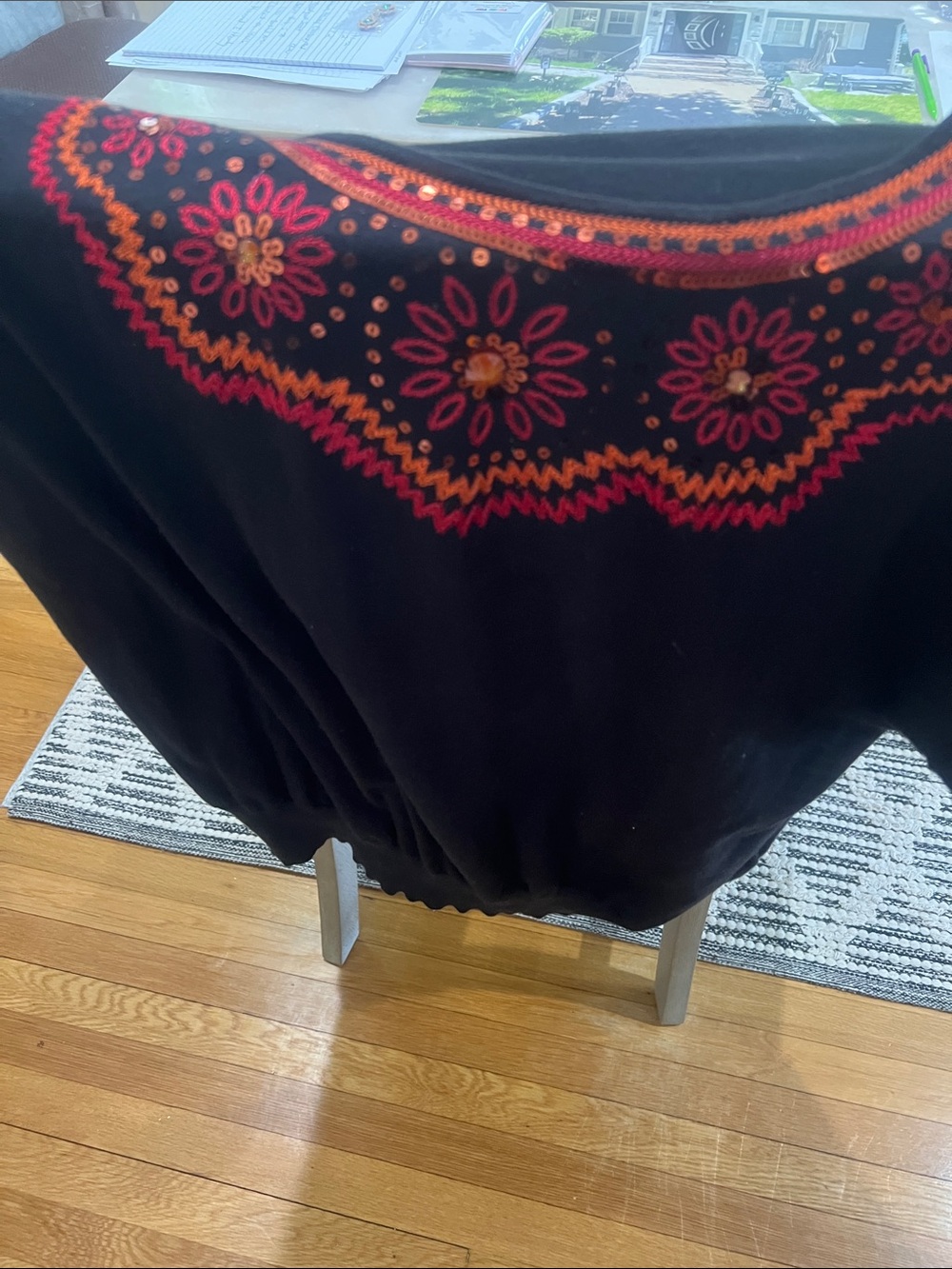 august silk Black lightweight Sweater with Pink and Orange Embroidered Yoke